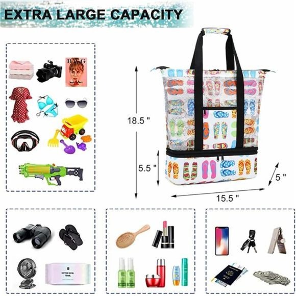 MESH Beach Tote Bag with Cooler Insulated Detachable Pool Bags White - Picture 3 of 6